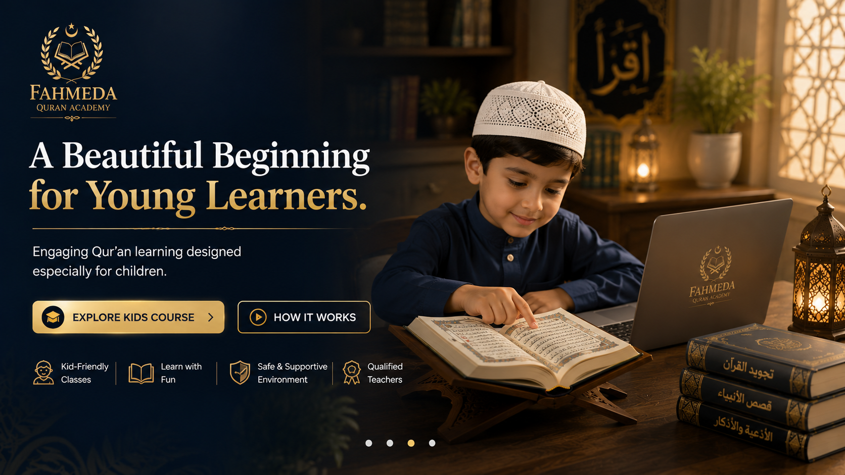 Young child reading the Qur'an during an online lesson